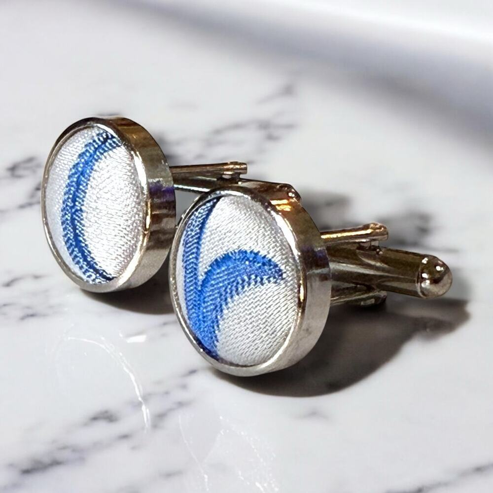 Silver Tone and Satin Wave Cufflinks Mens Blue and White Formal Preppy Wedding